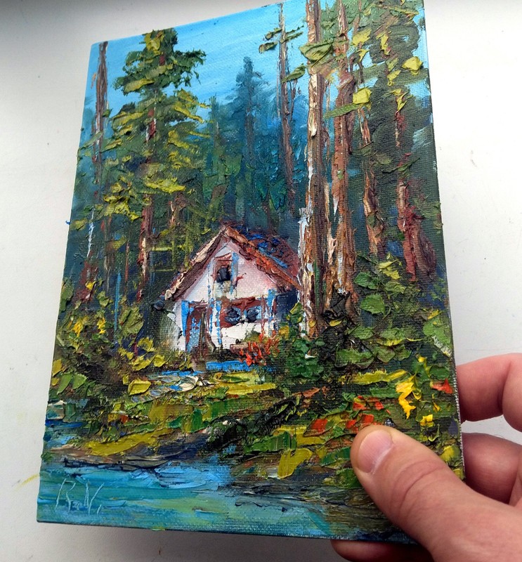 Pine Tree Forest Hidden House 7x9" Mount Rainier National Park Oil Painting gallery
