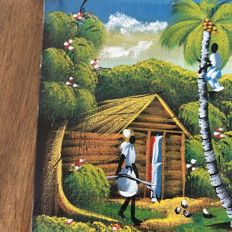 2 Vintage Haitian Genre Oils of wooden huts with people working illegibly signed gallery