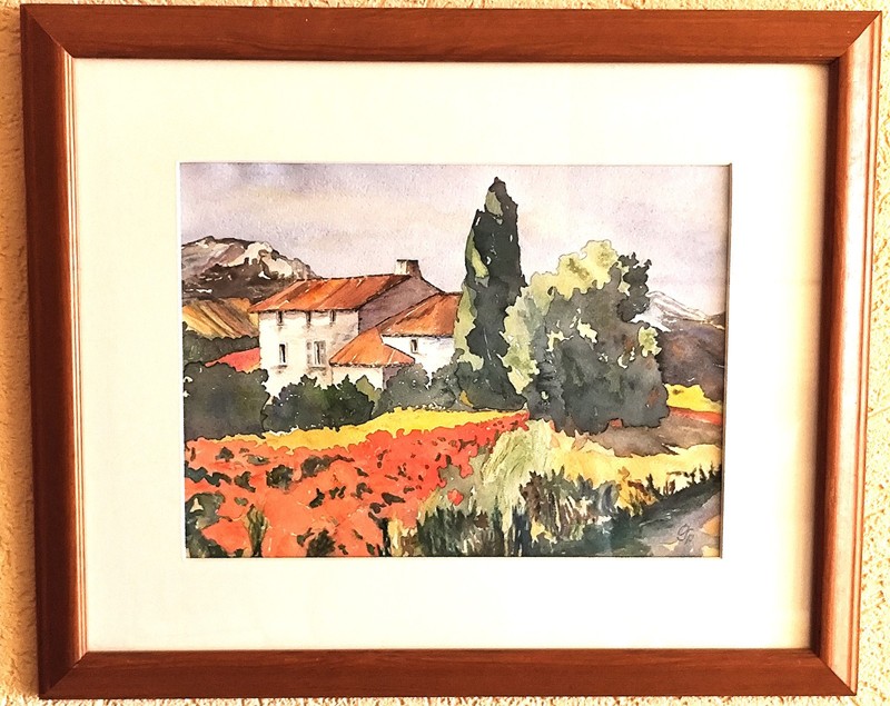Watercolour Painting Poppy Field Signed Ottmar Sperrfechter Behind Glass Framed 57x48cm gallery
