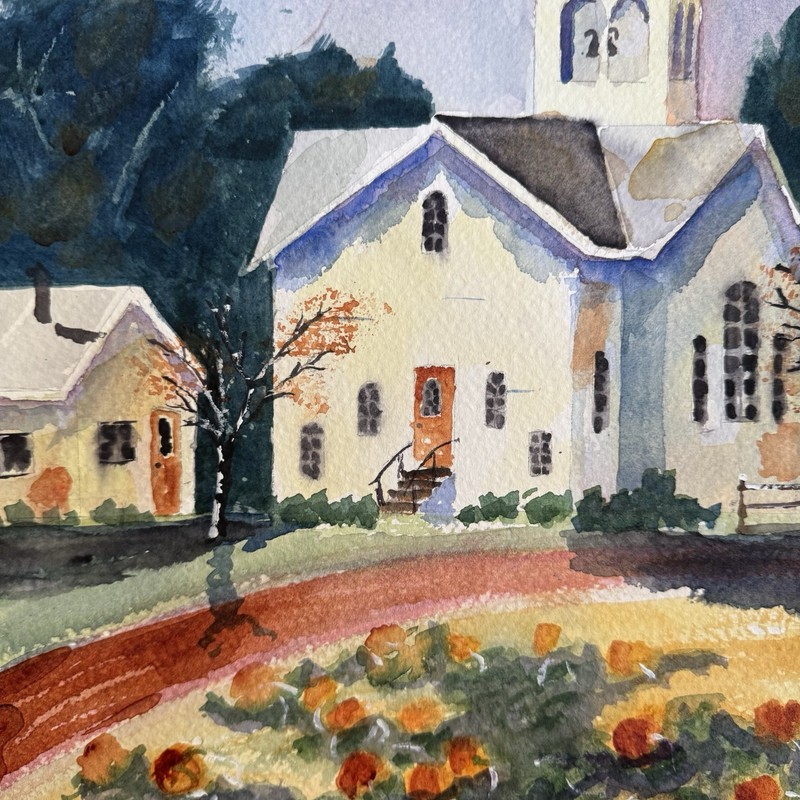 Orig. Art Watercolor Old Church Painting Country Scenery Chapel Landscape 12×17”