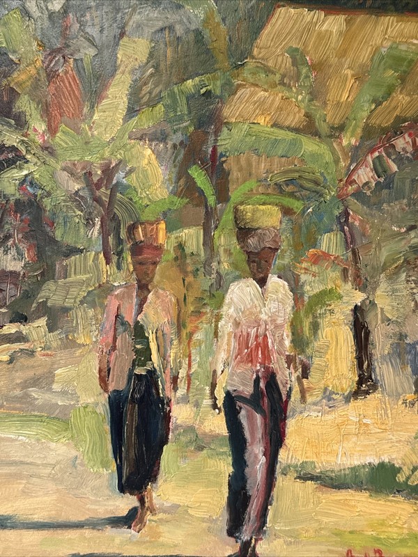 MID CENTURY PAINTING INDIA OR MOROCCO SIGNED IMPRESSIONIST VILLAGE WORKERS OIL gallery