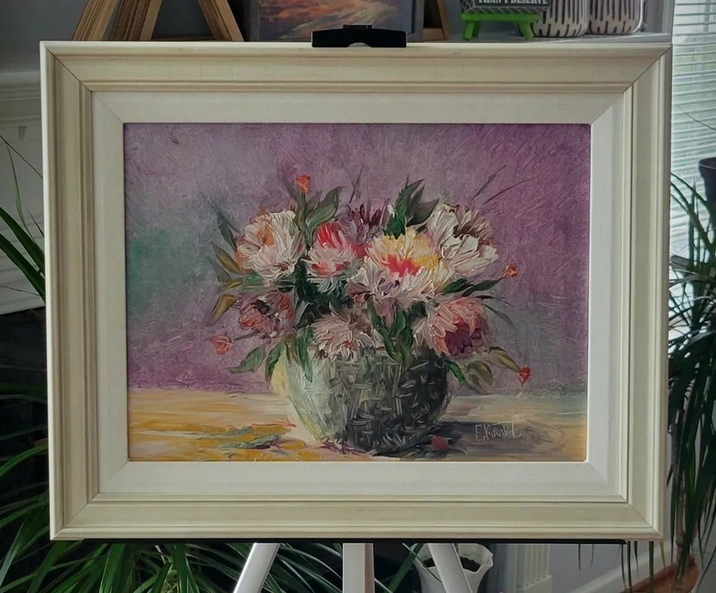 Still Life Original Oil Painting Peonies Flowers Vase Canvas Sgnd Impasto Framed