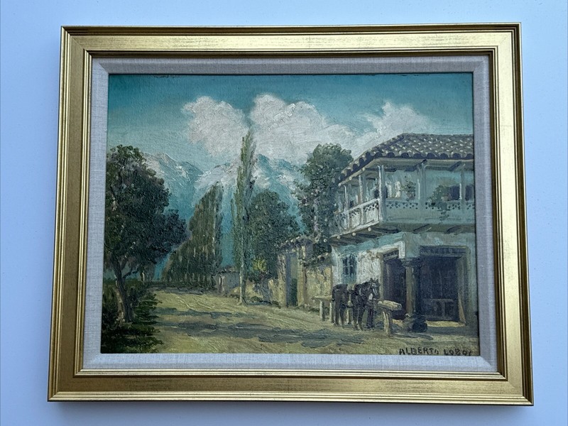 ANTIQUE PAINTING HORSE VILLAGE ALBERTO LOBOS LISTED FAMOUS CHILE ART LANDSCAPE
