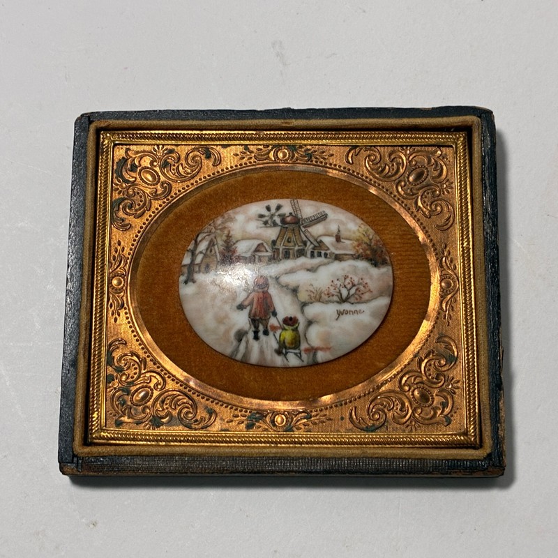Antique Miniature painting on porcelain plaque Snow Scene sledding signed Yvonne
