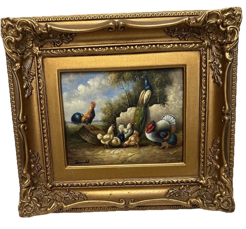 Vintage Signed Oil Painting Chickens Peacock Gold Picture Decor Landscape