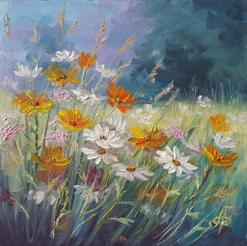 Gentle Summer Meadow Original Oil Painting Wildflowers Floral Landscape Wall Art