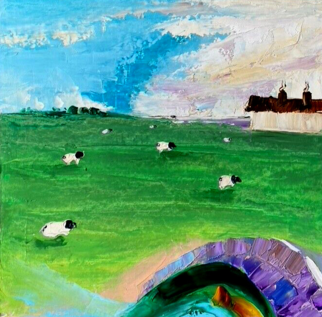 ORIGINAL Oil Painting Sheep Original Art Landscape Impasto Textured Signed