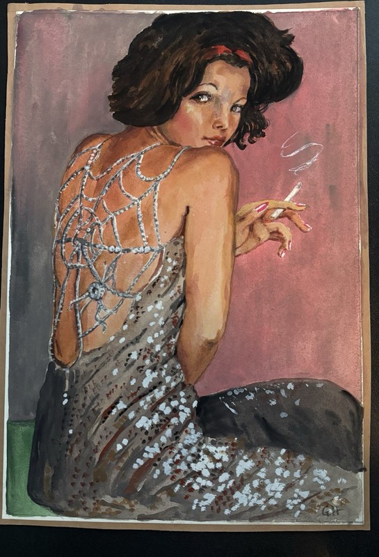Vtg Portrait Painting 1973 Girl Loris Azzoro Dress Spider Web Back 10.5 X 15