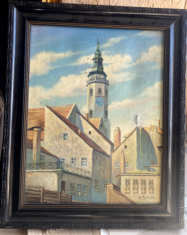 :OIL PAINTING CHURCH OLD TOWN H. DERHELD SIGNED °WHO KNOWS THE PLACE?BACKYARDS OIL