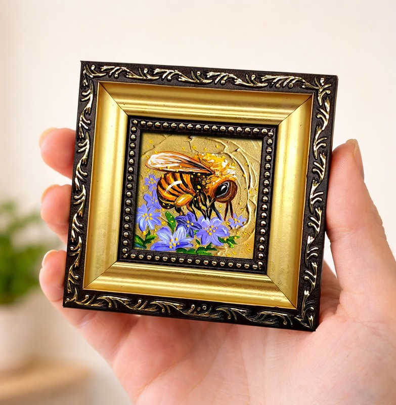 Honeybee Oil Painting: Mini Art for Bookshelf, Bee on Violet Flowers 2 by 2 in