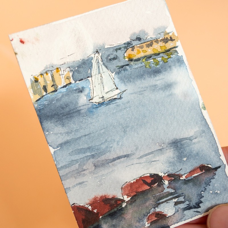 ACEO watercolor original of Oeiras Santo Amaro Beach view on sunset with yacht gallery