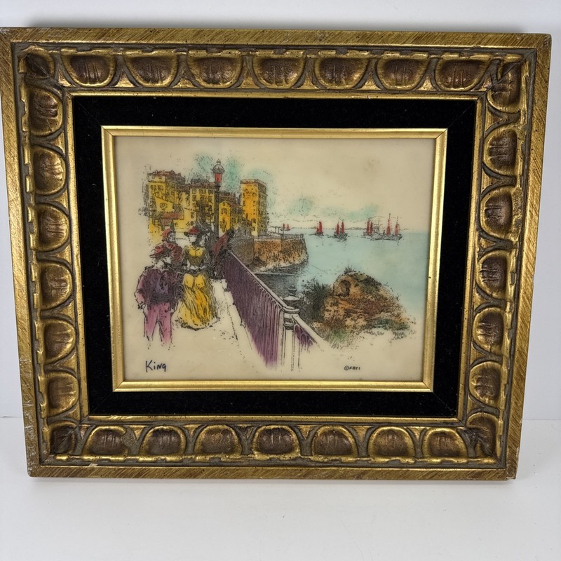 Vintage Cap d’Antibes Harbor Print Signed King Framed Mid Century Coastal Art
