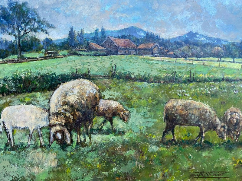::WOLFGANG HELLMAIER *1917 OIL PAINTING SHEEP HERD IDYLLE AGRICULTURE SIGNED gallery