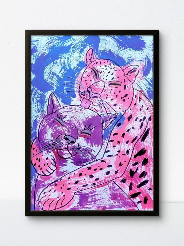 Original Art Mixed Media Jaguar Panther Drawing 12×16 Whimsical Acrylic Painting