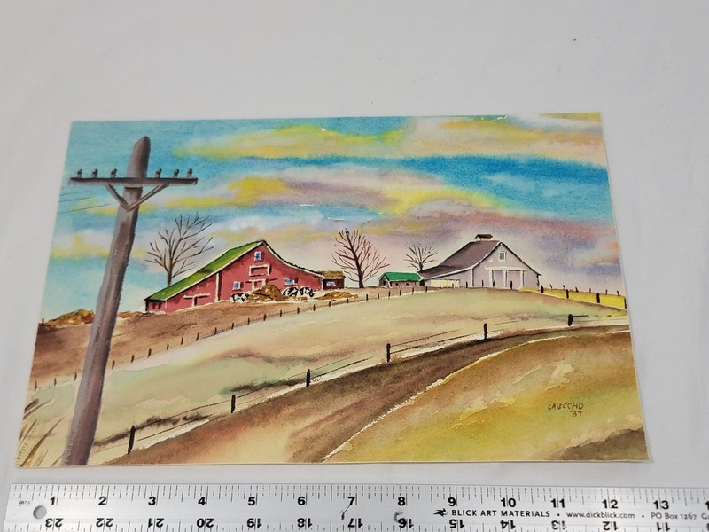 original watercolor painting barn landscape cows Vecchio
