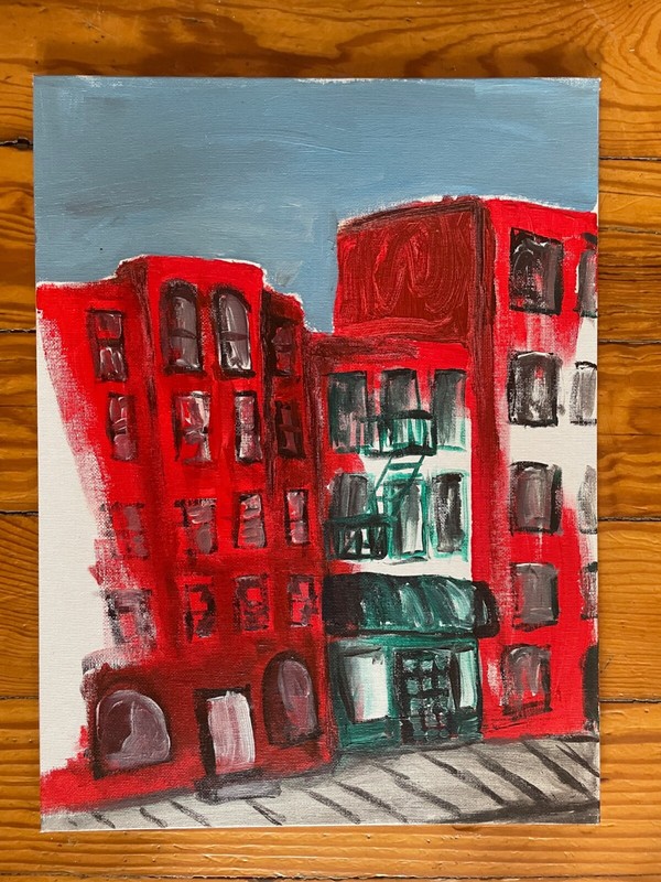 City Row Buildings 12×16 Red Renault Contemporary Outsider Art Canvas Painting