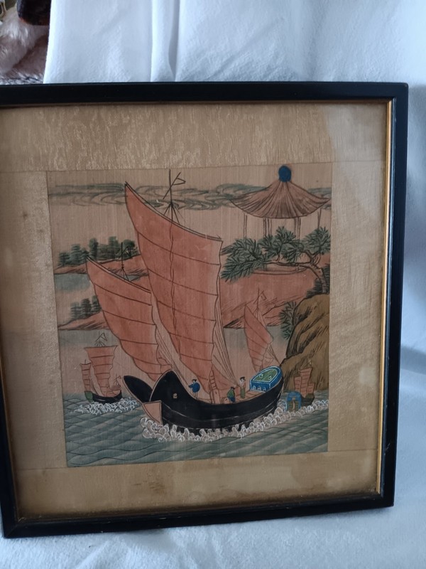 Vintage Asian Ink On Silk Boat Painting