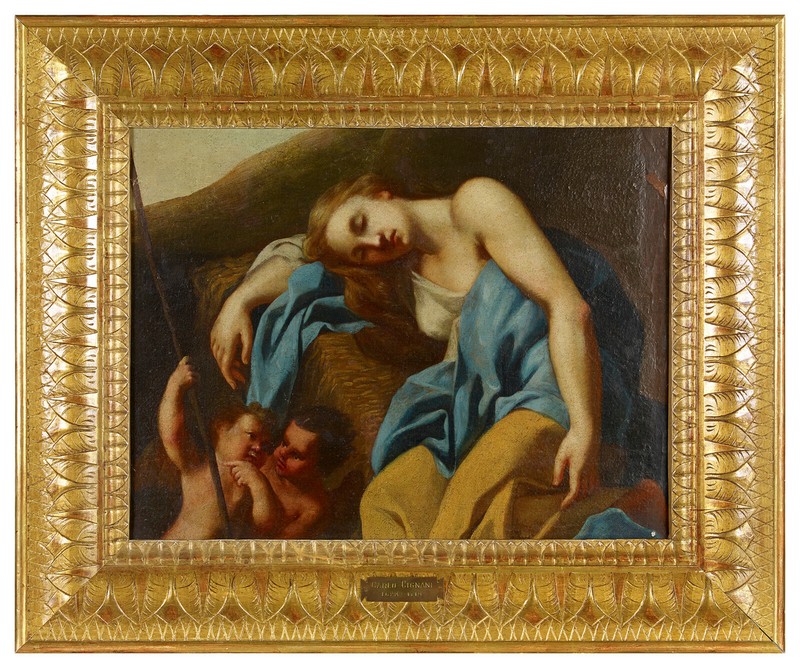 CARLO CIGNANI ca. 1670s Authentic Oil on canvas Sleeping Shepherdess and cupids
