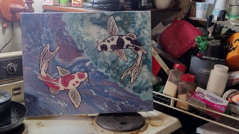 Hand Painted Wooden Panel Canvas 2 Koi Fish 3D Effect Acrylic Painting 16 X 20 gallery