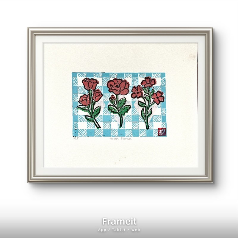 Original Picnic Florals 2/5 Linocut Hand Printed By Alannah Dyer Acrylic 8×10 in