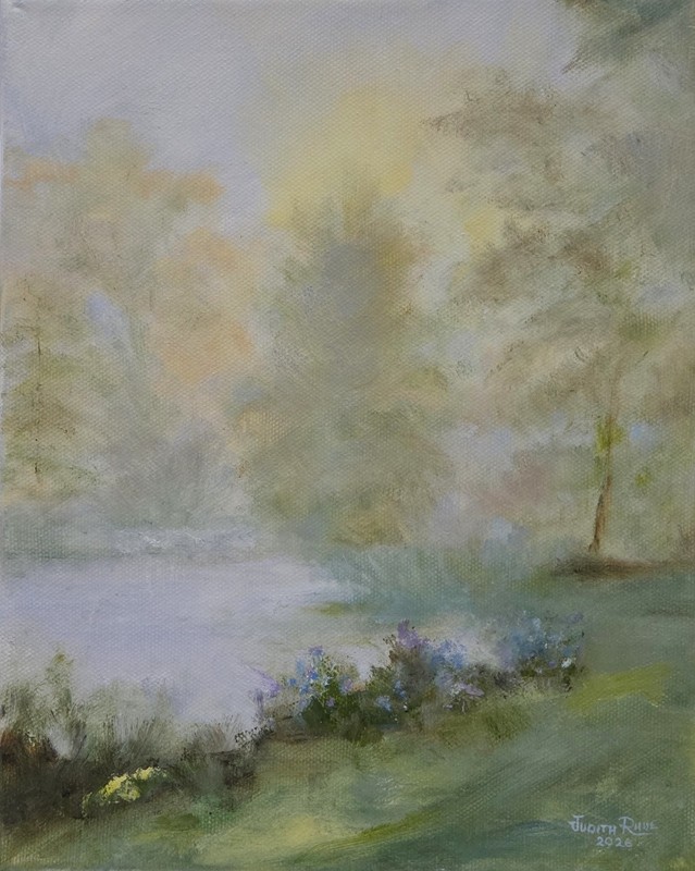 Lake Mist- Original landscape oil painting flowers trees nature artwork