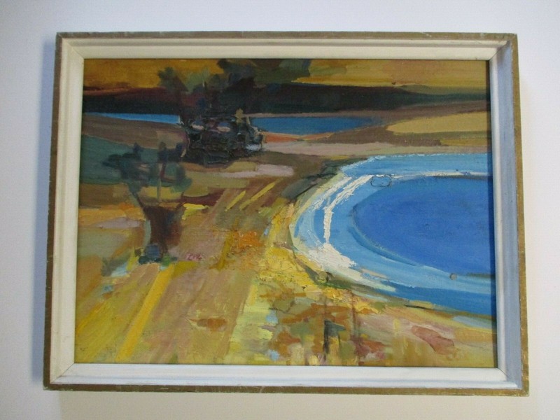 PAT COX OIL PAINTING BAY AREA PETERSON STYLE COASTAL VIEW MODERNISM BEACH VIEW