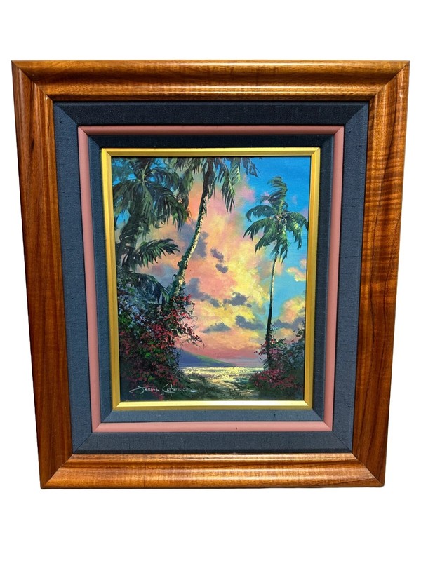 Original «Sunset in Hawaii» Oil Painting James Coleman Solid Tiger Koa Frame!!