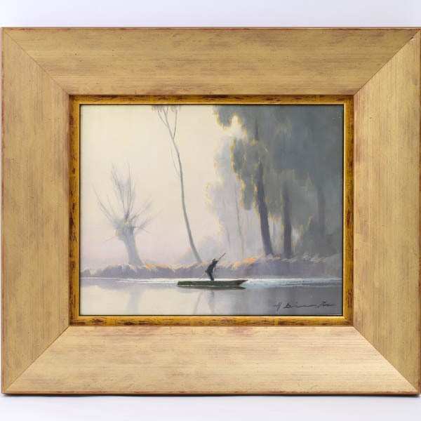 Hermann Dieste Oil Painting River Boat Misty Morning German Landscape Framed