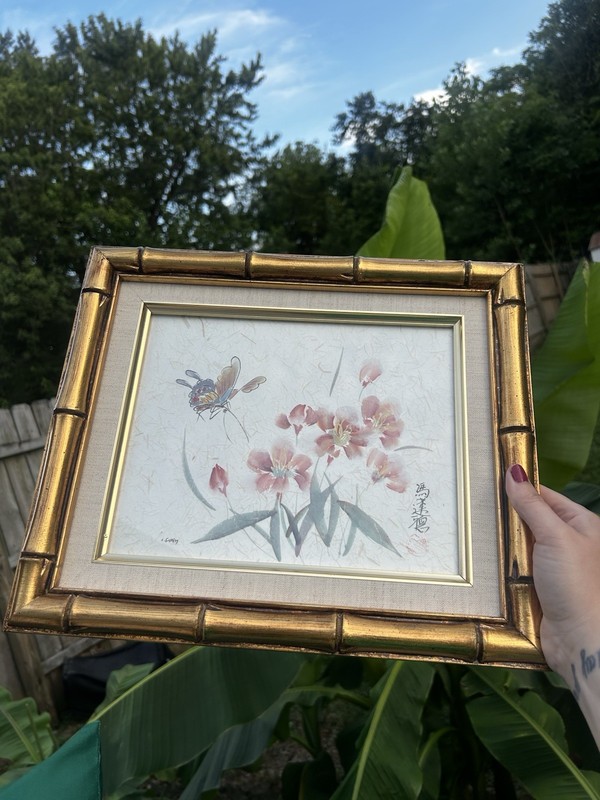 Original Asian Orient Art Butterfly & Flowers Brush Canvas Framed 12×14