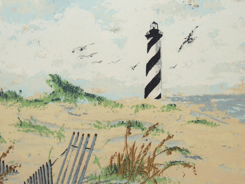 Vintage Original Signed VERNON ROLLINS Framed Lighthouse & Dunes Print, Lmt. Ed. gallery