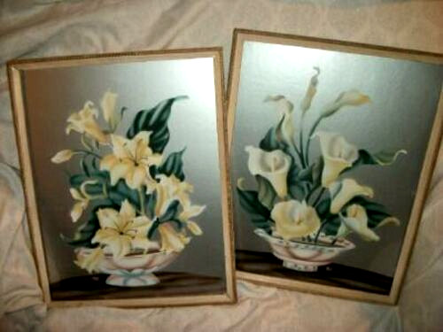 COTTAGECORE AIRBRUSH PAINTINGS STYLIZED FLOWERS SILVER BOARD 1950s CALIFORNIA