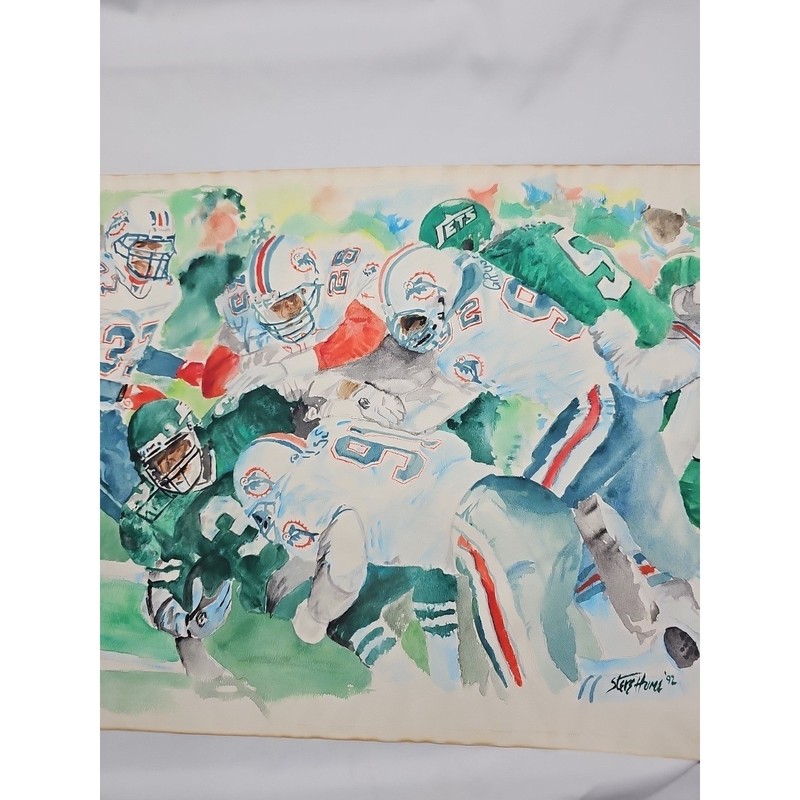 1992 Miami Dolphins NY Jets Signed Watercolor NFL Sports Art 18x23 gallery