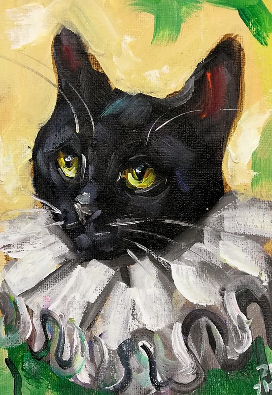 Original Oil Painting Black Cat in Ruffle Pet Portrait Impressionism