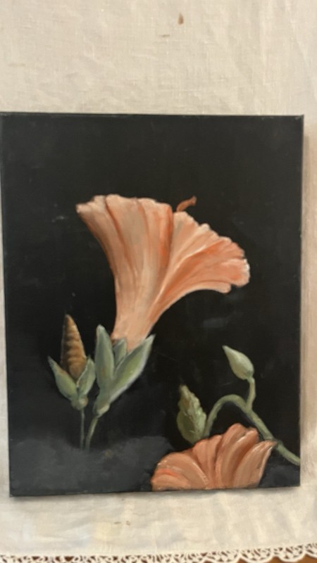 Original Floral Oil Painting Stretched Canvas Coral Trumpet Flower Dark Academia