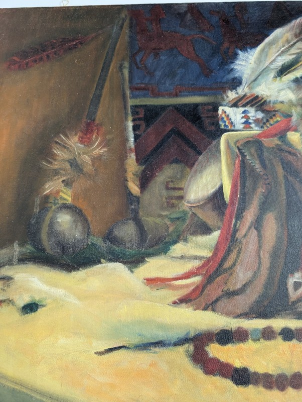 Vintage Southwestern Still Life Oil Painting Tom Dauer Signed Canvas Feather... gallery