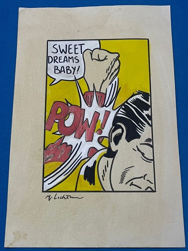 ROY LICHTENSTEIN drawing and painting on old paper signed stamped vintage