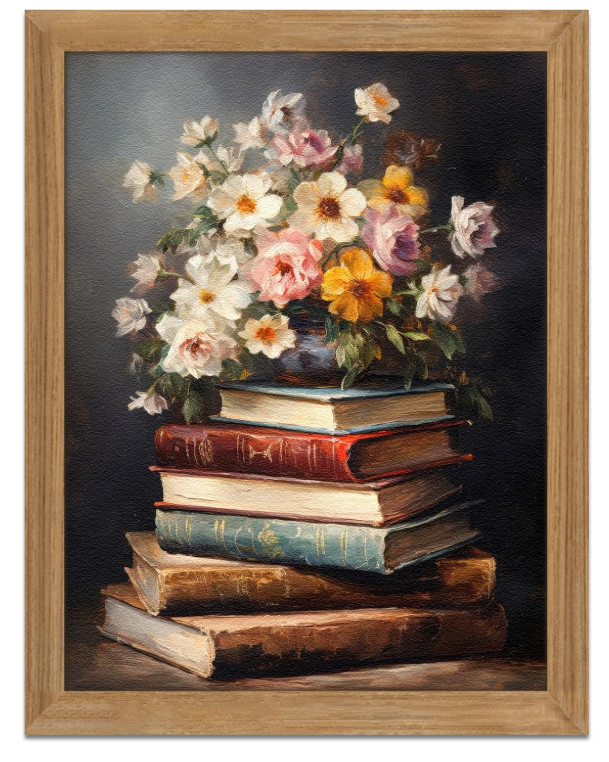 Vintage Floral & Book 3D Wall Art, Textured Oil Painting, Bedroom Decor Gift
