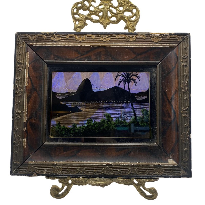 Vintage Rio De Janeiro Cityscape Reverse Glass Painting Signed Framed Folk Art