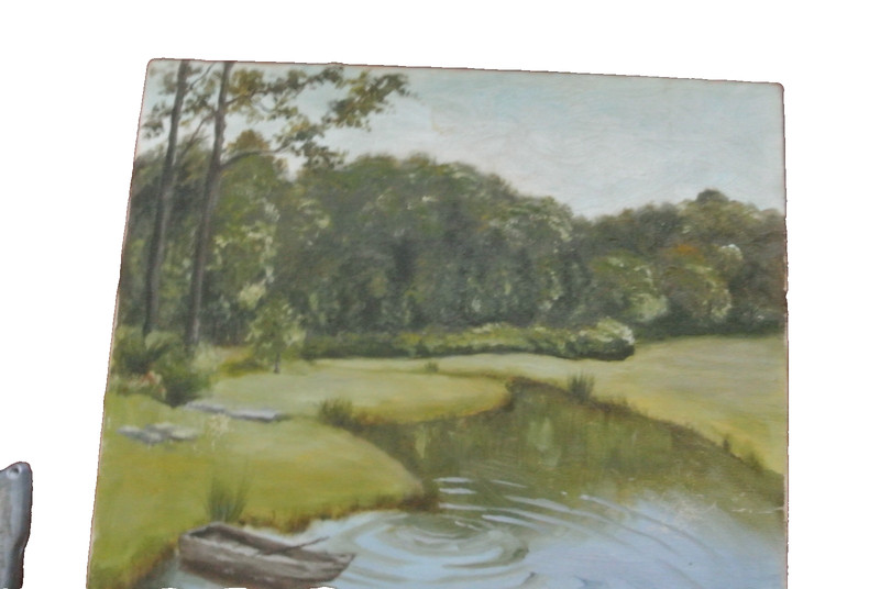 VTG folk art Oil Painting On Canvas Tranquil Pond Scene Ducks boat trees 23x16 gallery