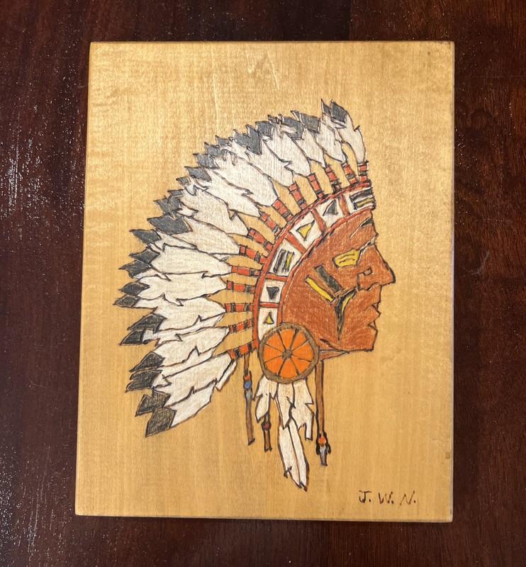 Native American Wood Burning Painting 7×9 Head Dress Indian Signed JWN Carving V