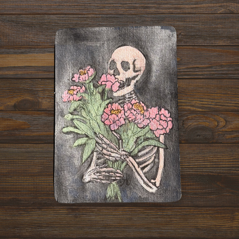 Original ACEO Skeleton Bouquet | For me? | Whimsical Watercolour + Ink