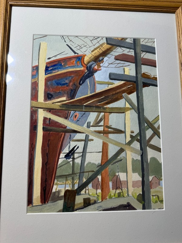 E.J Saylor "Boatyard Scene" Watercolor Painting #2 - Framed gallery