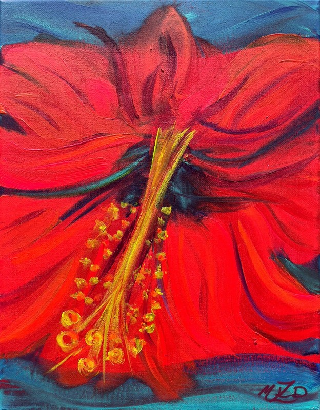 Original Colorful and Bold Red Hibiscus Flower Signed by Artist Wall Art Decor gallery