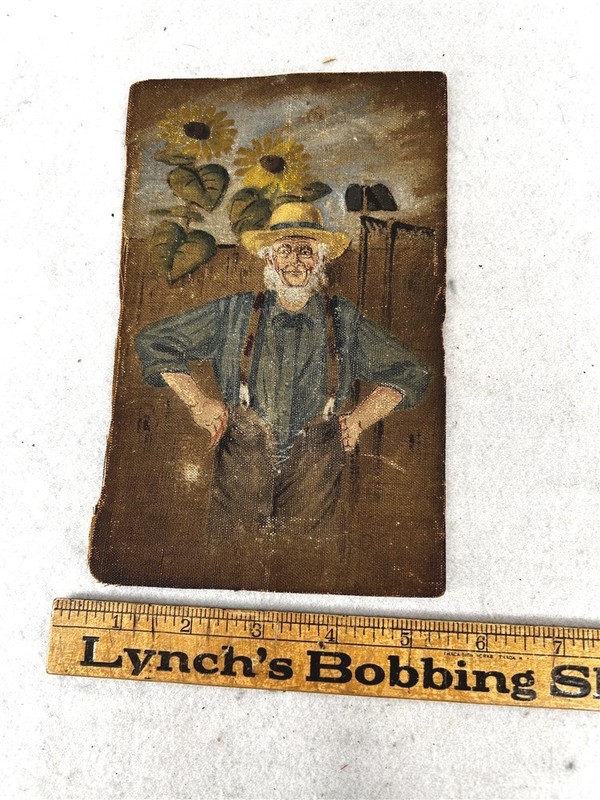 antique book cover oil painting farmer sun flowers canvas 1876 almanac original