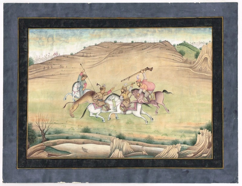Indian Mughal Miniature Art – Lion Hunt Warriors on Horseback Painting 13X10″