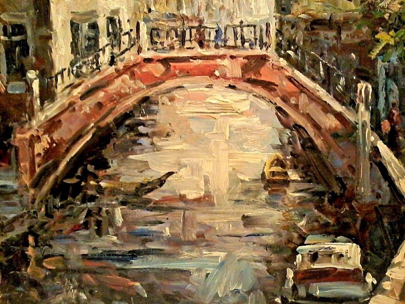 20th C FRESH IMPRESSIONISTIC VENICE BRIDGE Sd R JASMIN ORIGINAL O/C LIGHT & AIRY gallery