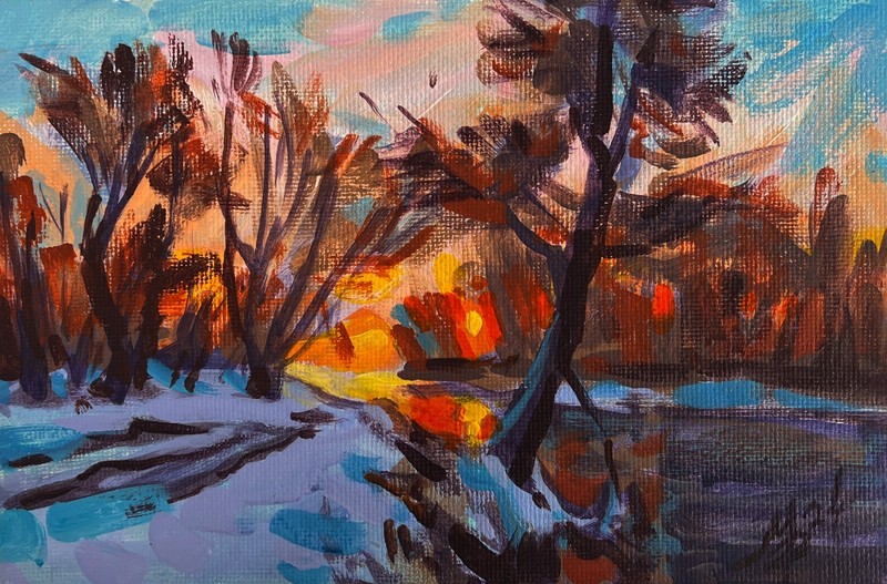 Acrylic Painting Road In A Snowy Forest M. Patskan Unframed Original nAAA4893