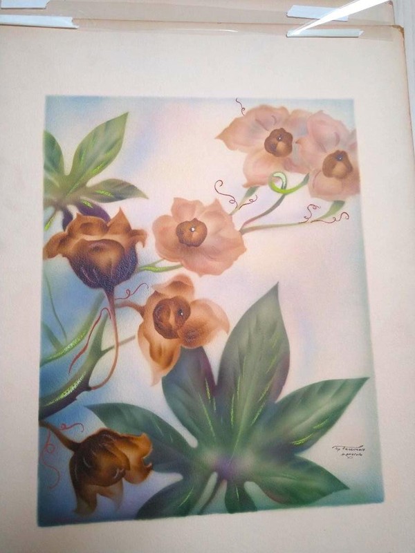 Original Vintage Tip Freeman Hawaiian Airbrush Flower Painting Signed Art