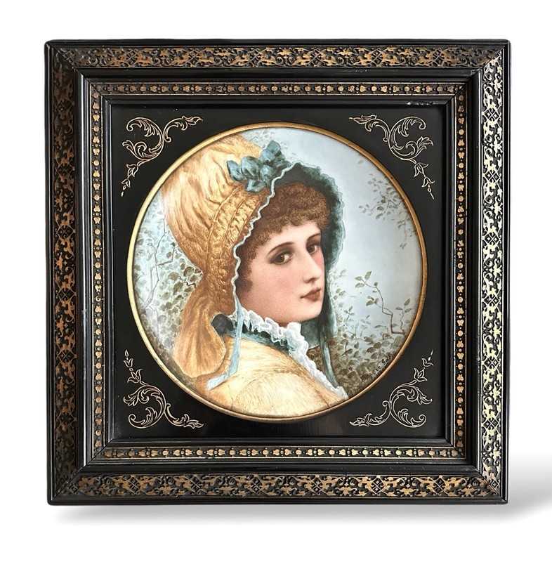 Bessie Gibson Porcelain Portrait Plate Victorian Eastlake Frame