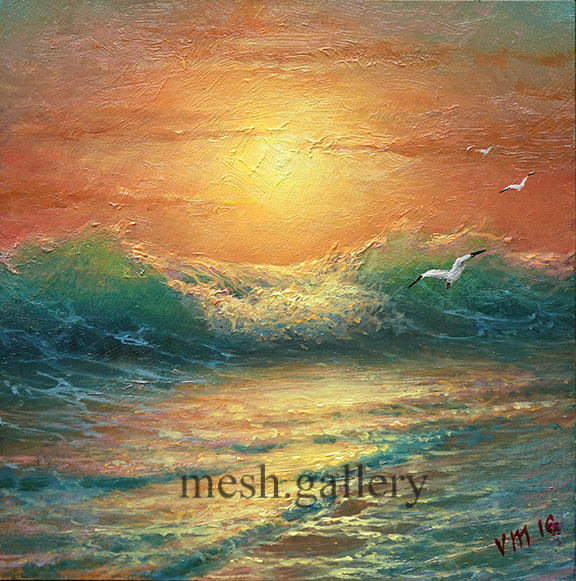 ORIGINAL FRAMED OIL PAINTING 6 X 6 SEASCAPE Ocean Storm Surf Seagull Sunset MESH